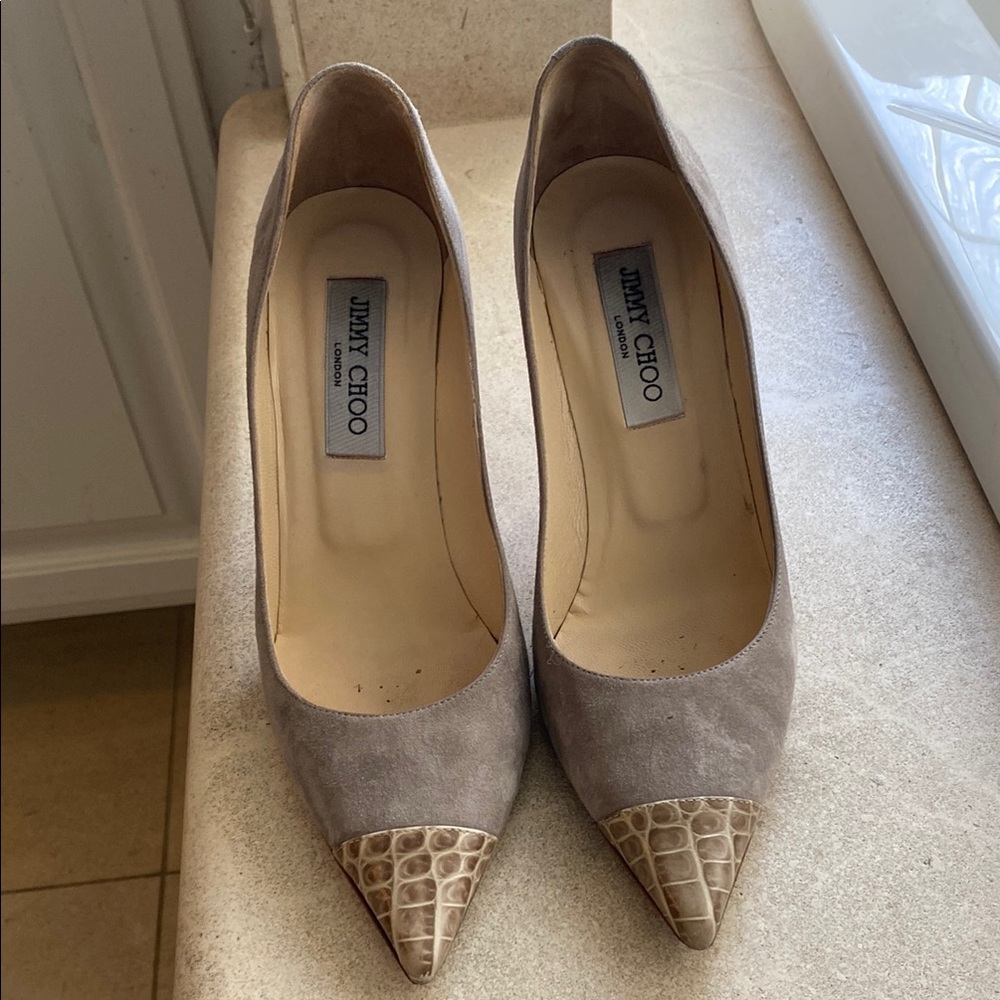 Jimmy Choo Suede Animal Print Pumps Size 38 Gray and Tan - Picture 5 of 7